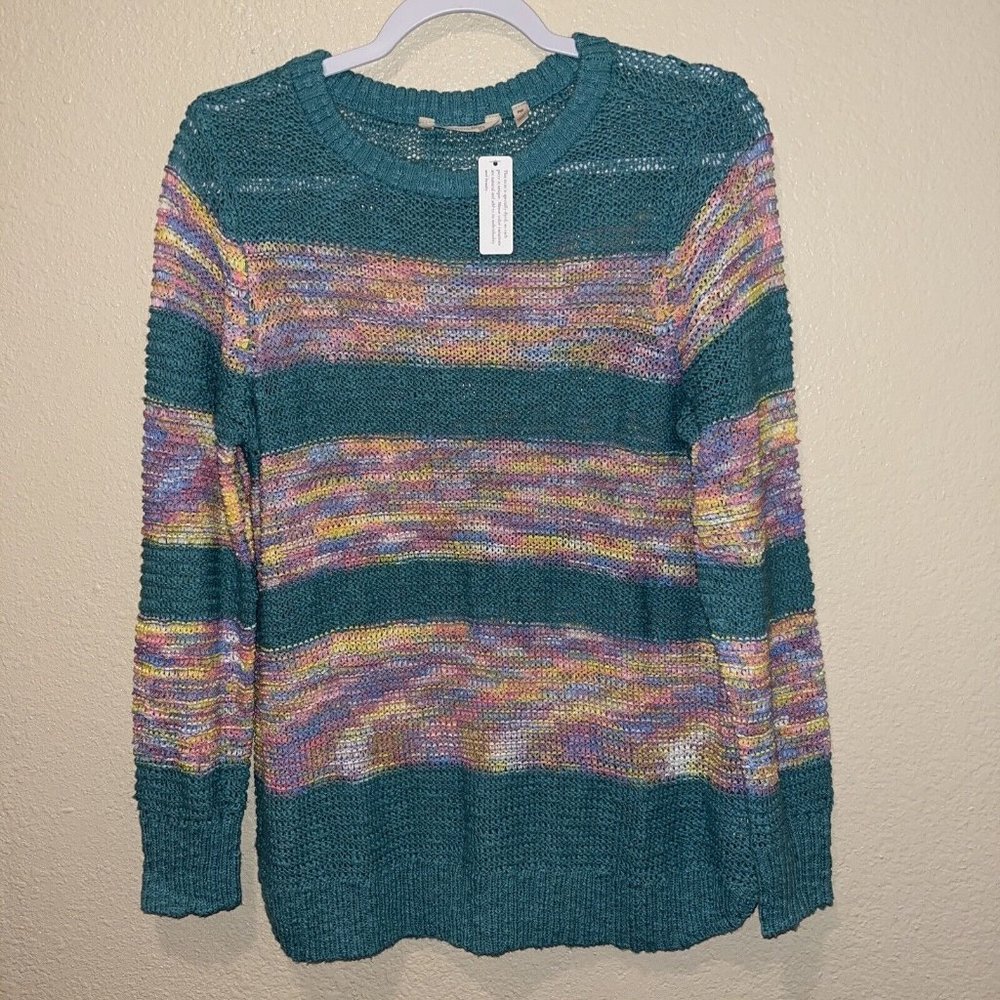 Soft Surroundings Womens Serafina Sweater Petite Medium Teal‎ Stripe Open Knit